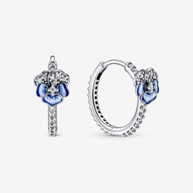Blue Pansy Flower Hoop Earrings Pandora